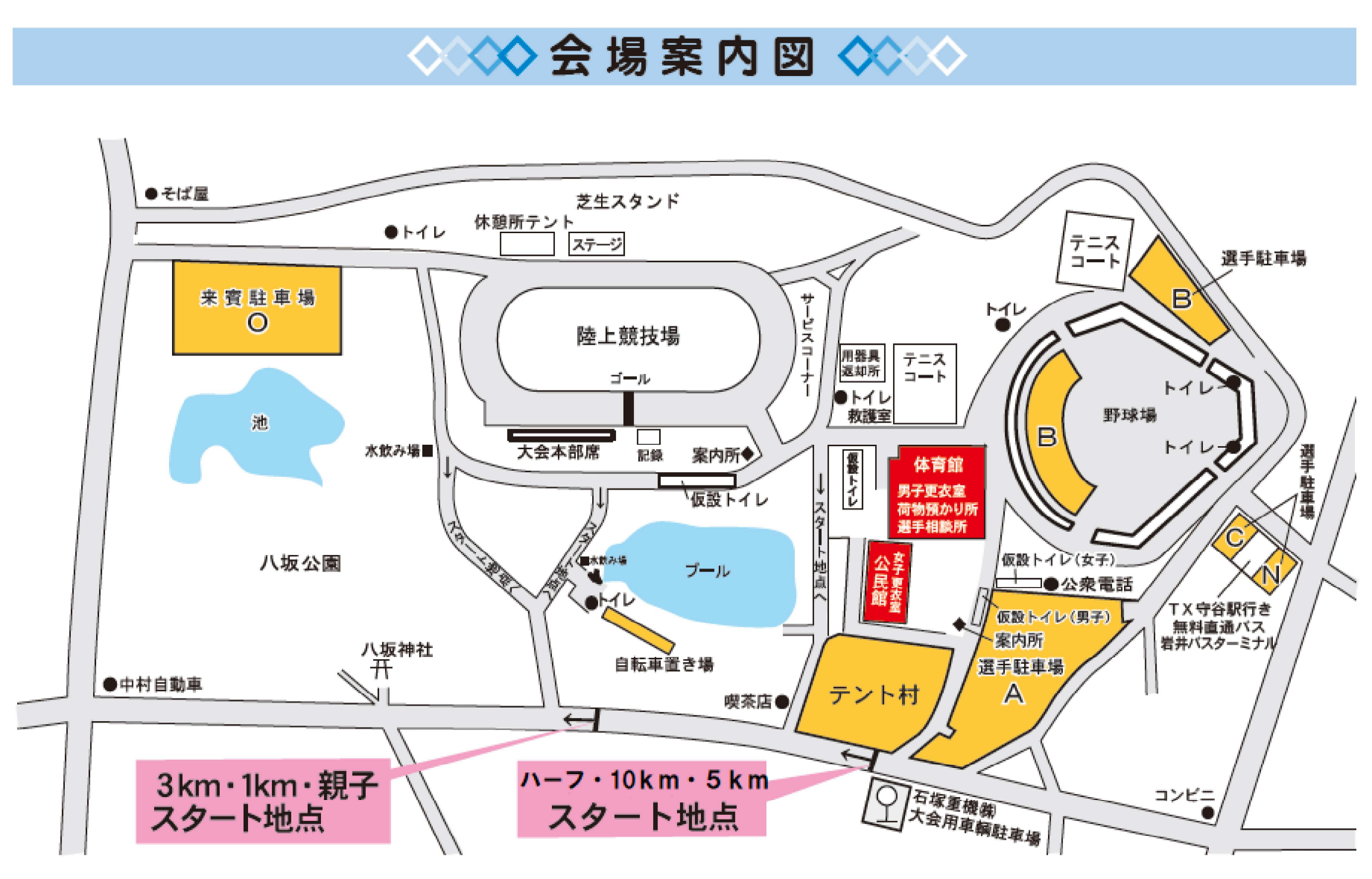坂東市将門ハーフマラソン　手荷物預かり所　会場マップ　更衣室　トイレ
